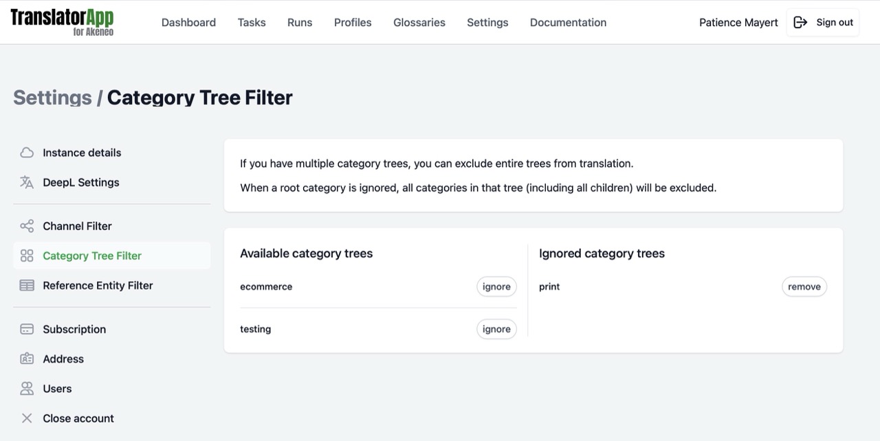Category tree filter
